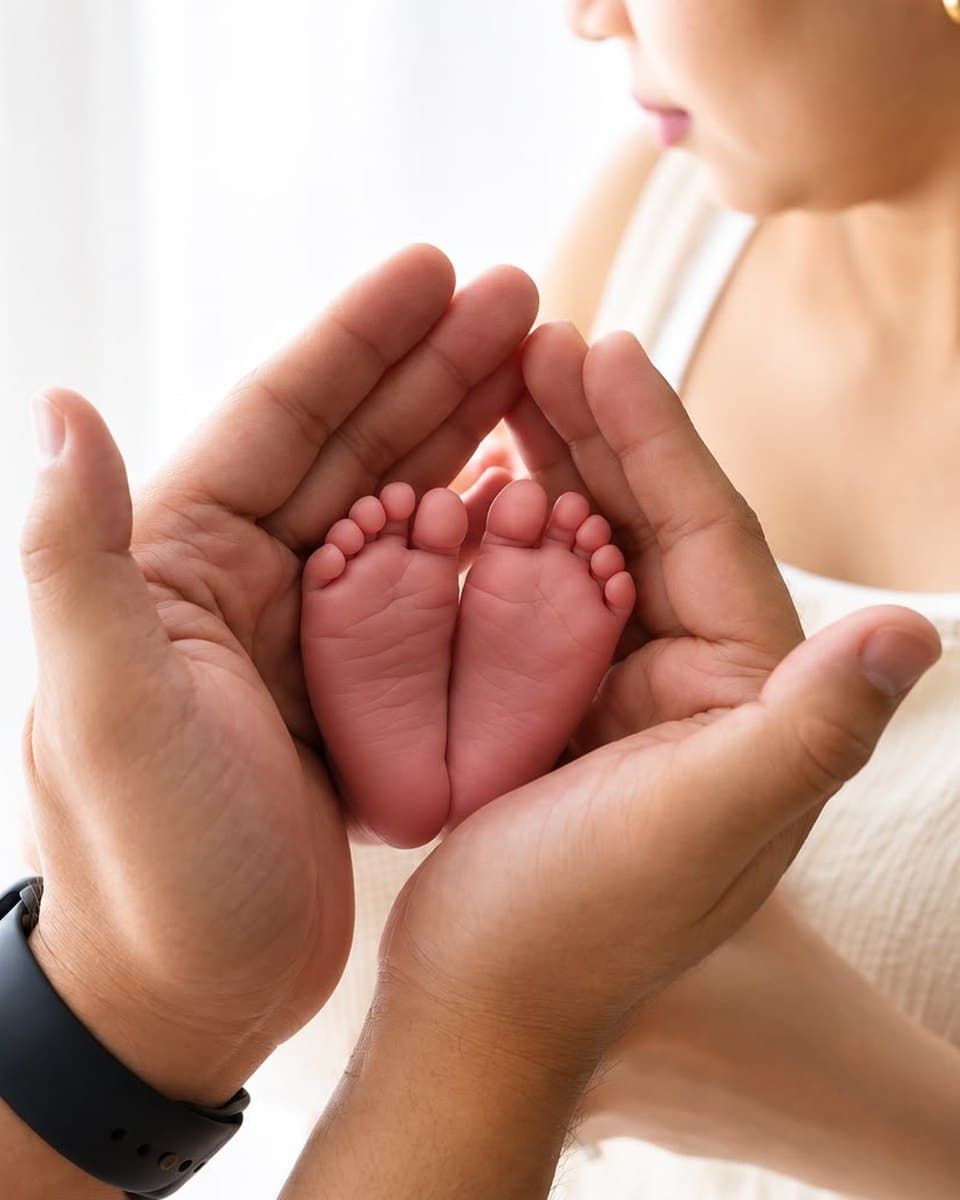 Mother cradling her newborn's tiny feet