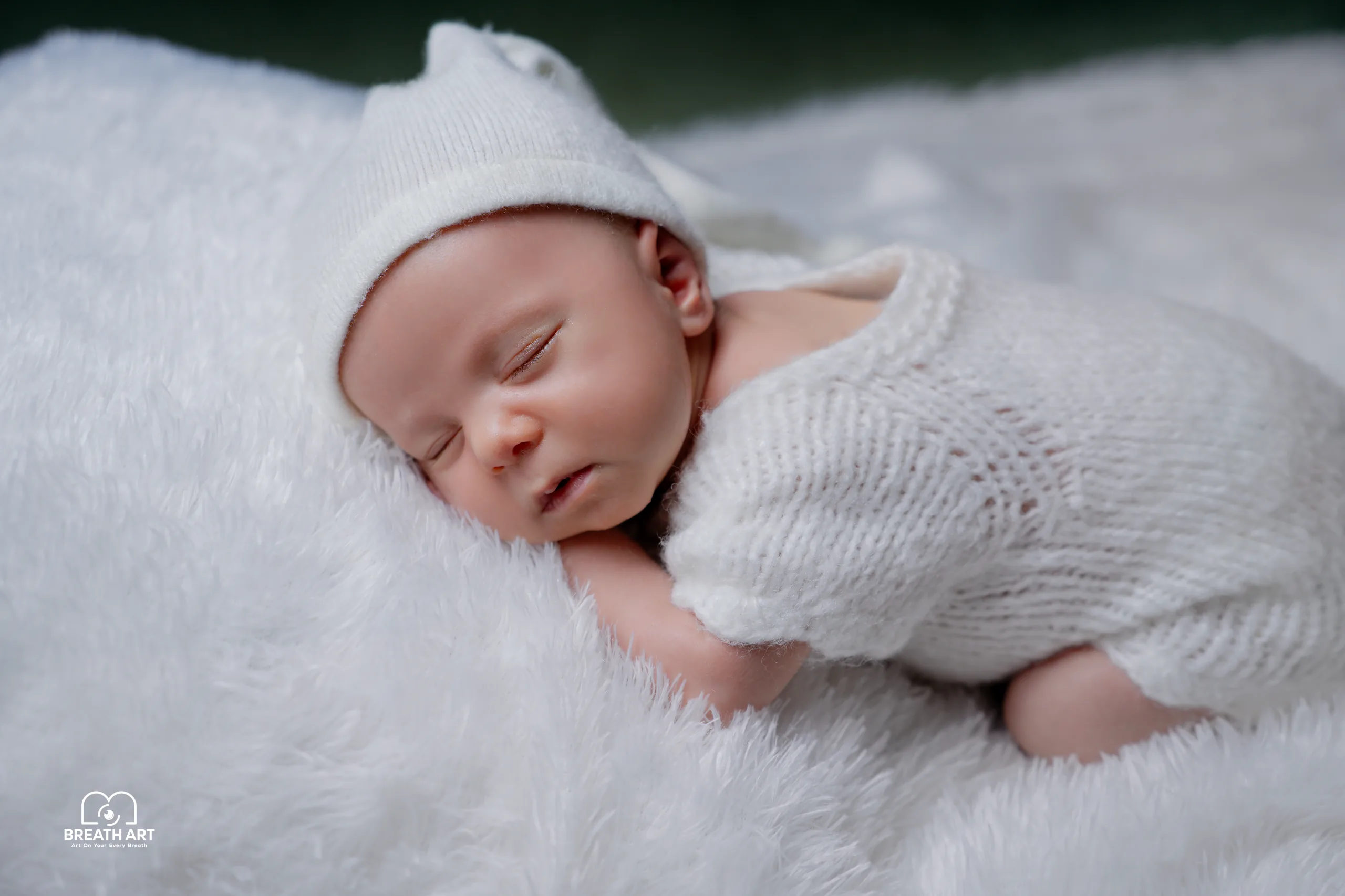 Newborn baby asleep on a white fur blanket during an at-home newborn session