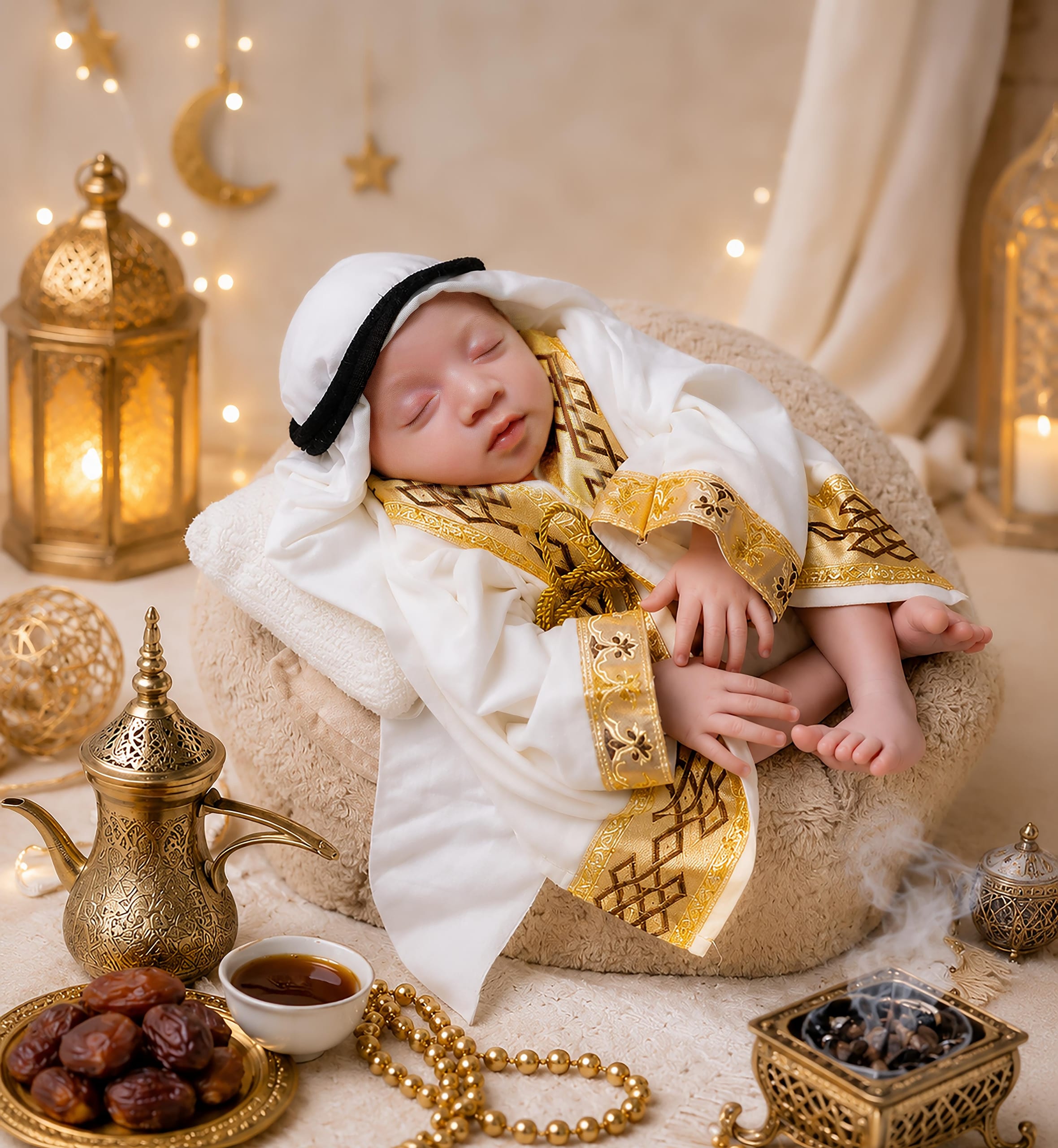 Arabian heritage newborn photoshoot with lanterns and dallah in Dubai